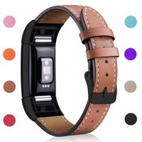 Hotodeal Replacement Leather Band Compatible for Charge 2, Classic Genuine Leather Wristband Metal Connector Watch Bands, Fitness Strap Women Men Small Large (Brown- Black Buckle)