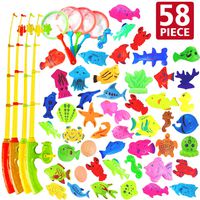 AUUGUU 58 Pcs Magnetic Fishing Toys Game - 4 Poles, Nets & 50 Floating Fishes for Kids Bathtub Water Table Pool Party Floor, Best Gift for Toddler Age 3 4 5 6 Year Old, Kids Bath Toys