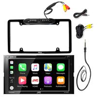 JVC KW-V420BT 7" Inch Double DIN Car CD DVD USB Bluetooth Stereo Receiver Bundle Combo With Car License Plate Frame Rear View Colored Backup Parking Camera, Enrock 22" AM/FM Radio Antenna