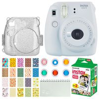 Fujifilm Instax Mini 9 Instant Camera (Smokey White) + Fujifilm Instax Mini Twin Pack Instant Film (20 Exposures) + Glitter Hard Case + Colored Filters + Album (White) + Sticker Frames Nature Package