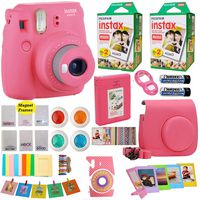 Fujifilm Instax Mini 9 Instant Camera Flamingo Pink + Fuji INSTAX Film (40 Sheets) + Accessories Kit Bundle + Case & Strap + Magnet Frames + Photo Album + Colorful Sticker Frames + Selfie Lens & More