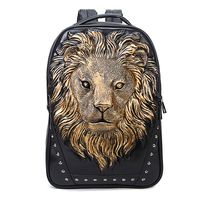 3D Print Animal Studded Backpack, PU Leather Cool Backpack Bookbag (Lion-Gold)