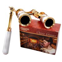 HQRP Opera Glasses s w/Crystal Clear Optic (CCO) 3 x 25 with Built-in Foldable Handle and Red Reading Light (White-Pearl with Gold)