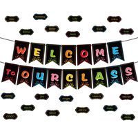 Classroom Decorations Welcome Banner, Welcome Bulletin Board Banner Welcome Chalkboard Brights Pennants with 50 Dry Eraser Multi-Purpose Cards and 80 Glue Point Dot (Welcome to Our Class)