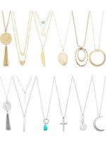 Hicarer 12 Pieces Long Pendant Necklace Set Y Tassel Leaf Circle Bar Necklace for Women (Round)