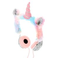 Claire's Girl's Rainbow Sequin Furry Unicorn Horn Wired On Ear Heaphones Earphones Idea for Kids