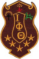 Iota Phi Theta Shield Iron-On Patch [Brown - 2.875"]