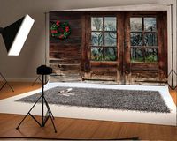 Laeacco 10x6.5ft Vinyl Backdrop Rustic Wood Cabin with Christmas Wreath Decoration Photography Background Old Wooden House Shabby Window Door Walls Background Adult Children Baby Photo Studio