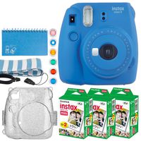 Fujifilm Instax Mini 9 Instant Camera (Cobalt Blue) + Fujifilm Instax Mini Twin Pack Instant Film (60 Exposures) + Glitter Hard Case + Scrapbooking Album + Colored Lens Filters + Neck Strap - Full Kit