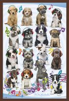 Trends International Keith Kimberlin - Puppies - Headphones Wall Poster, 22.375" x 34", Mahogany Framed Version