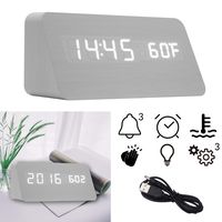 Wooden Digital Alarm Clock, 3 Levels Adjustable Brightness and Voice Control, Display Time Temperature Date for Bedroom Office Home(White)