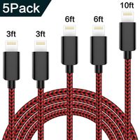 Foreverrise Phone Cable 5 Pack [3/3/6/6/10FT] Extra Long Nylon Braided USB Charging & Syncing Cord Compatible with iPhone Xs MAX XR X 8 8 Plus 7 7 Plus 6s 6s Plus 6 6 Plus iPad iPod Nano (Black&Red)