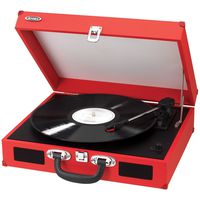 Jensen Portable 3-Speed Stereo Turntable with Built-In Speakers, Fully Automatic Return Tone Arm & Auxiliary Input Jack, USB Port with Cables, All Software Included, Red Finish