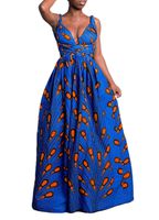 Rebecca Women's Africa DIY Band Floral Print Backless Sleeveless Split Dress Lace High Waist Adjustable Straps Bohemia Dress(Long Style Blue)