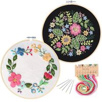 2 Pack Embroidery Starter Kit with Pattern, Kissbuty Full Range of Stamped Embroidery Kit Including Embroidery Cloth with Flower Pattern, Bamboo Embroidery Hoop, Color Threads Tools Kit (Floral Hoop)
