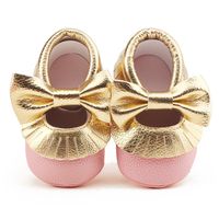 Delebao Infant Toddler Baby Soft Sole Tassel Bowknot Moccasinss Crib Shoes (6-12 Months, Pink & Gold)