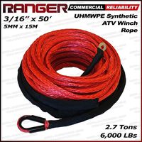 Ranger 6,000 LBs 3/16" x 50' UHMWPE Synthetic Winch Rope 5 MM x 15 M for ATV Winch