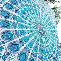 Bless International Indian Hippie Bohemian Psychedelic Peacock Mandala Wall Hanging Bedding Tapestry (Peacock Sky Blue, Queen(84x90Inches)(215x230Cms))