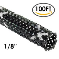 1/8" PET High Flame Retardant Expandable Braided Sleeving - Black w/White Tracer - 100FT