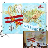 Mehofoto Oh The Place He'll Go Baby Shower Backdrop World Map Adventure Photography Background 7x5ft Vinyl Airplane Boy Baby Shower Party Banner Decoration