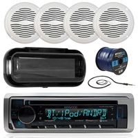 Kenwood Marine KMRD In-Dash Audio Bluetooth CD Player Receiver Bundle Combo w/ Waterproof Shield Cover, 4x 5 Marine Boat White Outdoor Speakers, Enrock Radio Antenna, 16-Gauge 50-Foot Speaker Wire