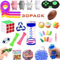 Fidget Toys Set,30 Pack.Sensory Toys Pack for Stress Relief ADHD Anxiety Autism for Kids and Adults,Liquid Motion Timer/Grape Ball/Flippy Chain/Stretchy String/Squeeze-a-Bean Soybeans/Slime & More