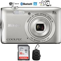 Nikon Coolpix A300 20.1MP 8x Optical Zoom NIKKOR WiFi Silver Digital Camera - (Renewed) with 16GB Bundle
