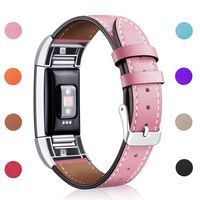 Hotodeal Replacement Leather Band Compatible for Charge 2, Classic Genuine Leather Wristband Metal Connector Watch Bands, Fitness Strap Women Men Small Large (Pink- Silver Buckle)