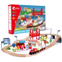 CUTE STONE 63 Pcs Wooden Train Set for Toddlers, Kids Tracks Set with Magnetic Train Cars, Bridge and Buildings, Play Figurines, Fits Thomas Brio Chuggington, Toy Gift for 3+ Years Old Boys and Girls