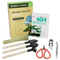 Premium Bonsai Tool Kit + Bonsai 101 Book - Set Includes: Wooden Rake, Long & Wide Spades, Scissors, Tweezers, Bamboo Brush, & Pruning Shears (Trimmer/Clipper) in Fabric Storage Holder - Bonsai Tools