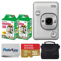 Fujifilm Instax Mini LiPlay Hybrid Instant Camera (Stone White) + Fujifilm Instax Instant Film (40 Shots) + 32GB mciroSDHC Memory Card + Camera/Video Case + Photo4Less Cleaning Cloth - Deluxe Bundle
