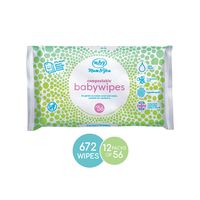 Mum & You Biodegradable and Compostable Plastic Free Baby Wet Wipes, 672 Count (12 Packs of 56) - 98% Water, 0% Plastic, Hypoallergenic & Dermatologically Tested