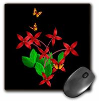 3dRose LLC 8 x 8 x 0.25 Inches Mouse Pad, Exotic Red Flowers and Colorful Butterflies on a Dark Background (mp_11642_1)