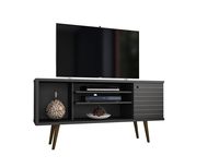 ModHaus Living Mid Century Modern TV Stand Media Cabinet with 5 Shelves 1 Door and Solid Wood Legs - Includes Pen (Black)