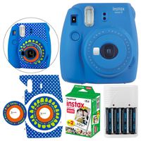Fujifilm instax Mini 9 Instant Film Camera (Cobalt Blue) + Fujifilm Instax Mini Twin Pack Film (20 Shots) - Camera Sticker for Fuji Instax Mini Cameras + 4 AA Batteries & White Charger - Full Bundle