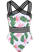 Hilor Women's One Piece Swimwear Front Crossover Swimsuits Hollow Bathing Suits Monokinis Green&red Leaves S/US4-6