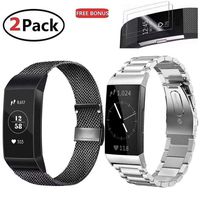 (2 Pack) F.R Metal Bands Compatible with Fitbit Charge 3 / Charge 3 SE, Stainless Steel Metal Replacement Wristband for Women Men, Silver & Black, 2X Screen Protector As Bonus