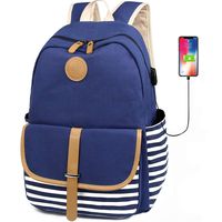 Waterproof Canvas Backpack for Girls Women with USB Charging Port Fits 14" Laptop Backpack Daypack School Bookbag, Blue
