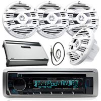 New Kenwood Marine Bluetooth CD MP3 USB AUX iPod iPhone Radio Stereo Player With 4 X 6.5" Inch Kenwood Marine Audio Speakers 4 Channel 360 Watts Marine Amplifier And Enrock Marine 45" Antenna - Complete Marine Outdoor Audio Package (White)