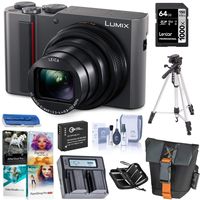 Panasonic Lumix ZS200 4K Digital Camera, 20.1 Megapixel, 15X Zoom Leica Lens DC-ZS200S Silver, Bundle with Bag, Battery, Dual Charger, 64GB SD Card + Case, Tripod, PC Software Kit, Cleaning Kit