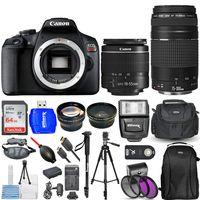 Canon EOS Rebel T7 4 Lenses 18-55mm + 75-300mm Top Value Bundle Includes: Extra Battery and Charger, 64GB Ultra SD, Flash, Filter Kit, Backpack, 72" Monopod, Wireless Remote and More