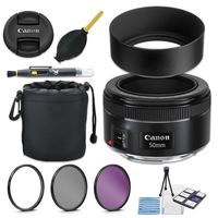 Canon EF 50mm f/1.8 STM Lens + 49mm Metal Lens Hood + Lens Pouch + HD Filter Kit + Blower + Pen + Started Kit