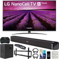 LG 65SM8100AUA 65 inch Nano Cell 4K Ultra HD LED TV with ThinQ AI 2019 Model Bundle with Soundbar with Subwoofer, Wall Mount Kit Wireless Backlit Keyboard and 6-Outlet Surge Adapter