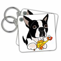 3dRose Key Chains Funny Cute Boston Terrier Dog with Rubber Chicken Toy, Set of 2, 2.25 x 2.25" (kc_260930_1)