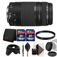 Canon EF 75-300mm f/4-5.6 III Lens + 58mm UV Filter + Rear & Front Lens Cap + Tulip Lens Hood + 32GB Memory Card + Wallet + Lens Pen + Dust Blower + 3pc Cleaning Kit