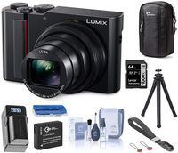 Panasonic Lumix ZS200 4K Digital Camera DC-ZS200K, 15X Leica DC Vario-Elmar Lens, Black, Bundle with Case, Peak Design Wrist Strap, FotoPro UFO 2 Tripod, 64GB SD Card, Battery, Charger, Cleaning Kit