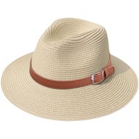 Lanzom Women Wide Brim Straw Panama Roll up Hat Fedora Beach Sun Hat UPF50+ (X Buckle Belt-Khaki)