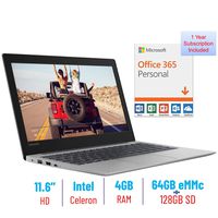 Lenovo 11.6-inch HD Laptop PC Intel Celeron N4000 up to 2.6GHz Processor, 4GB Memory, 64GB eMMc + 128GB SD, Webcam, Bluetooth, HDMI, USB 3.1, Windows 10 S Mode, 1-Year Office 365 Included