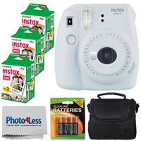 Fujifilm instax Mini 9 Instant Film Camera (Smokey White) + Fujifilm Instax Mini Twin Pack Instant Film (60 Shots) + Compact Camera Case + 4 AA Batteries + Cleaning Cloth - Full Accessory Bundle