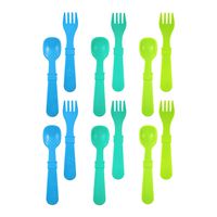 Re-Play Made in USA 12pk Toddler Feeding Utensils Spoon and Fork Set for Easy Baby, Toddler, Child Feeding - Sky Blue, Aqua, Lime Green (Under The Sea) 6 Spoons/6 Forks